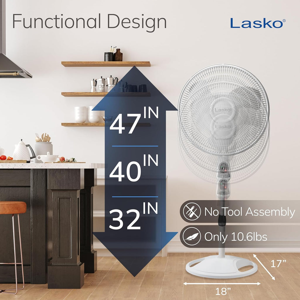 Lasko Oscillating Adjustable Pedestal Stand Fan With Timer And Remote For Indoor, Bedroom, Living Room, Home Office & College Dorm Use, 16 Inch, White, 1646