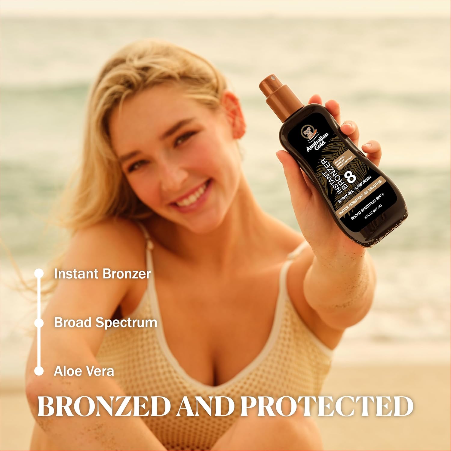 Australian Gold Spray Gel Sunscreen With Instant Bronzer Spf 8, 8 Ounce