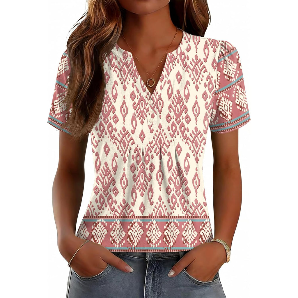 Lomon Womens Summer Tops Boho V Neck Pleated Blouses Dressy Casual Short Sleeve Shirts Vacation Outfits