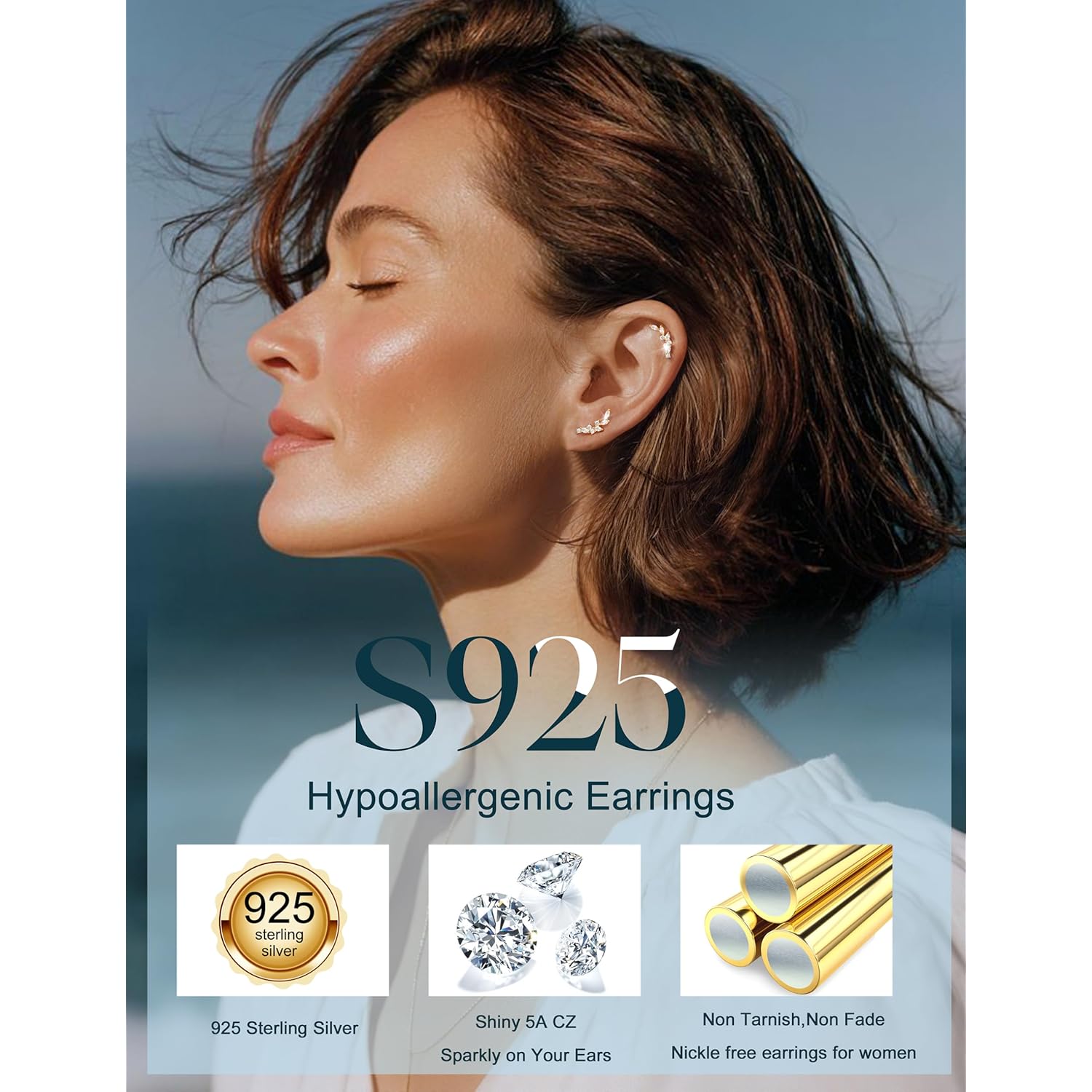 LOLIAS Hypoallergenic Cartilage Earrings for Women Flat Back-925 Sterling Silver Post Stud Flatback Earrings for Sensitive Ears-20G Ear Crawler Climber Cartilage Earring Tragus Conch Helix Piercing Jewelry