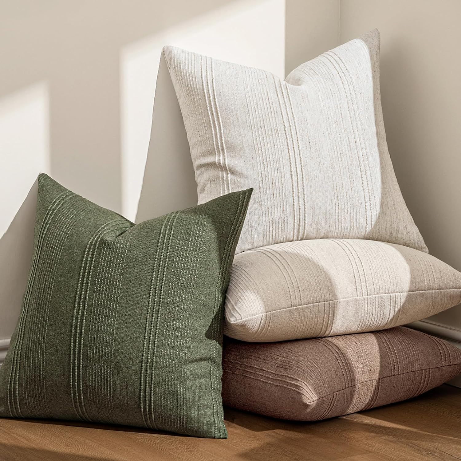 Miulee Striped Throw Pillow Covers 20X20 Decorative Textured Pillow Covers Pack Of 2 Linen Cushion Cases For Couch Bed Sofa Livingroom Farmhouse Home Decor, Natural Beige