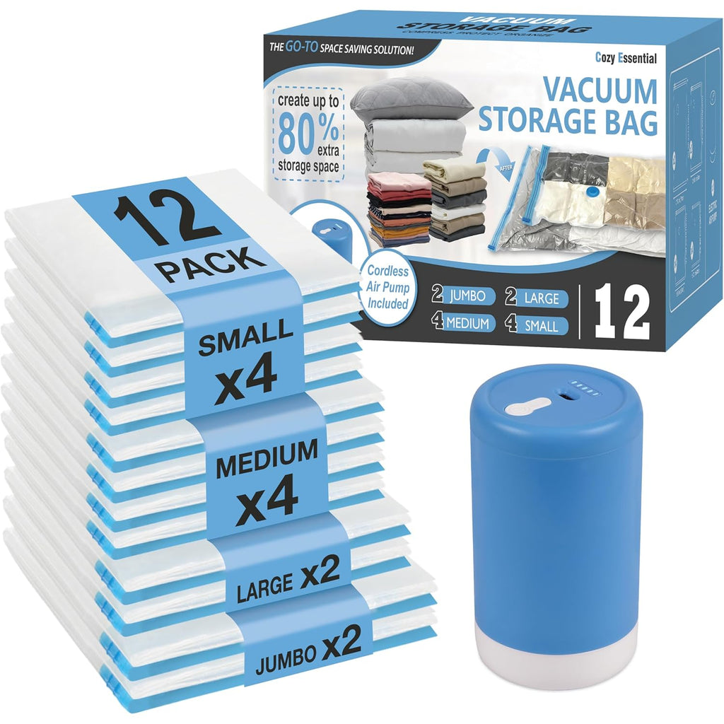 Cozy Essential Travel Vacuum Storage Bags With Rechargeable Cordless Usb Pump, Space Saver Bags For Luggage, Suitcase, Carry-On, For Clothes, Blankets, Bedding & Seasonal Storage,12 Combo