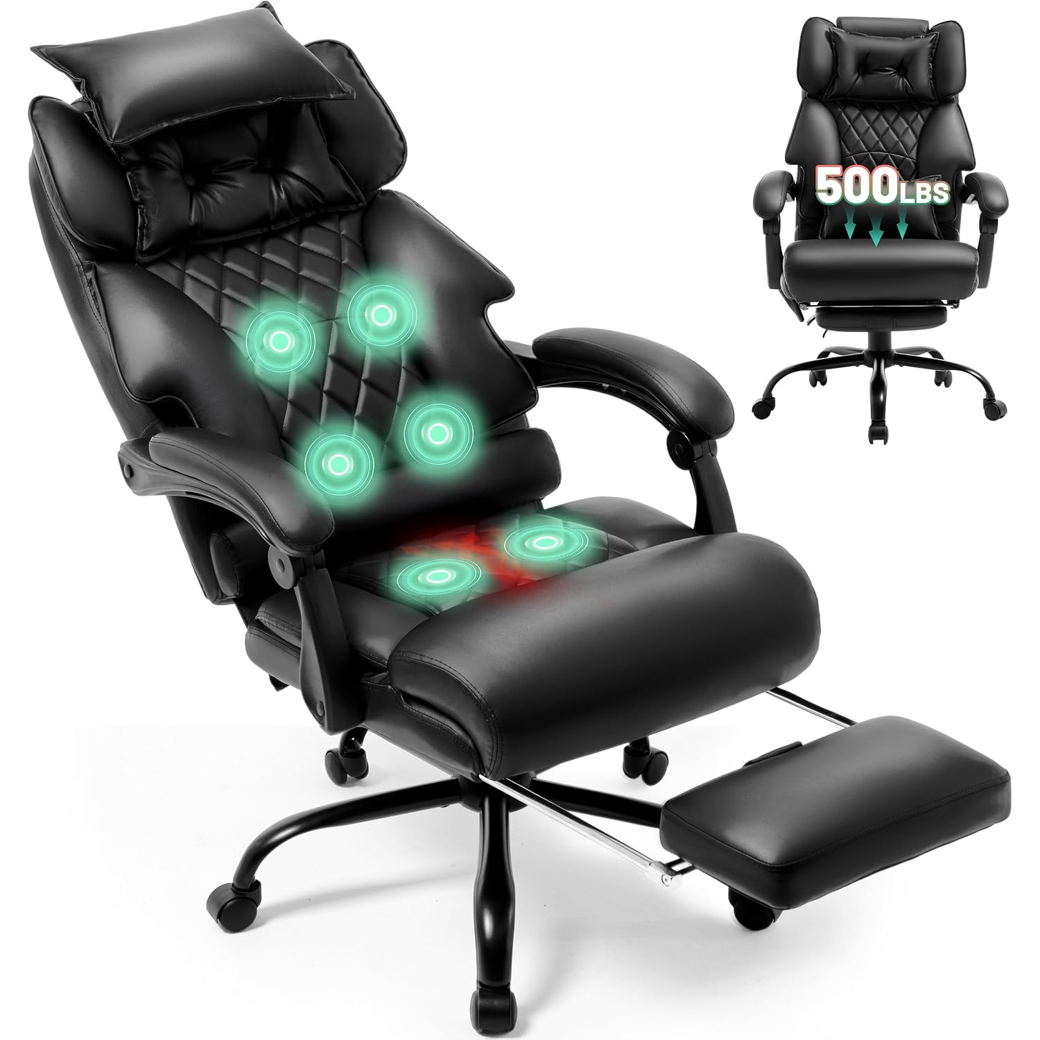 Massage Office Chair With Foot Rest,6 Points Vibration & Heat Executive Office Chairs,500Lbs Big And Tall Office Chair For Heavy People,Ergonomic Reclining Desk Chair,Dual-Use Pillow,Home Office,Black