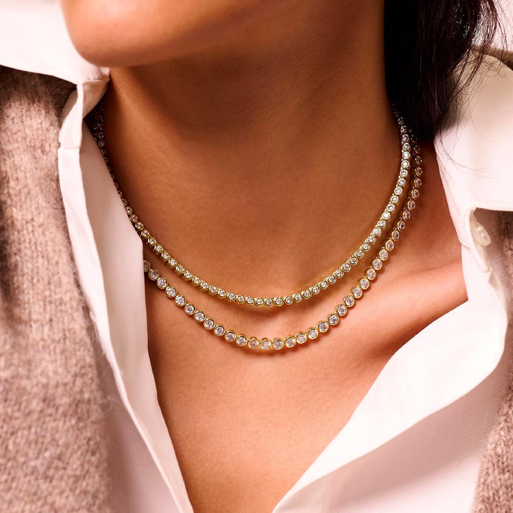 Electric Picks Bezel Tennis Necklace for Women, 14k Gold Plated Bezel-Set Stone Chain Necklace, Dainty Sparkle Layering Jewelry, Elegant Statement Necklace Gift