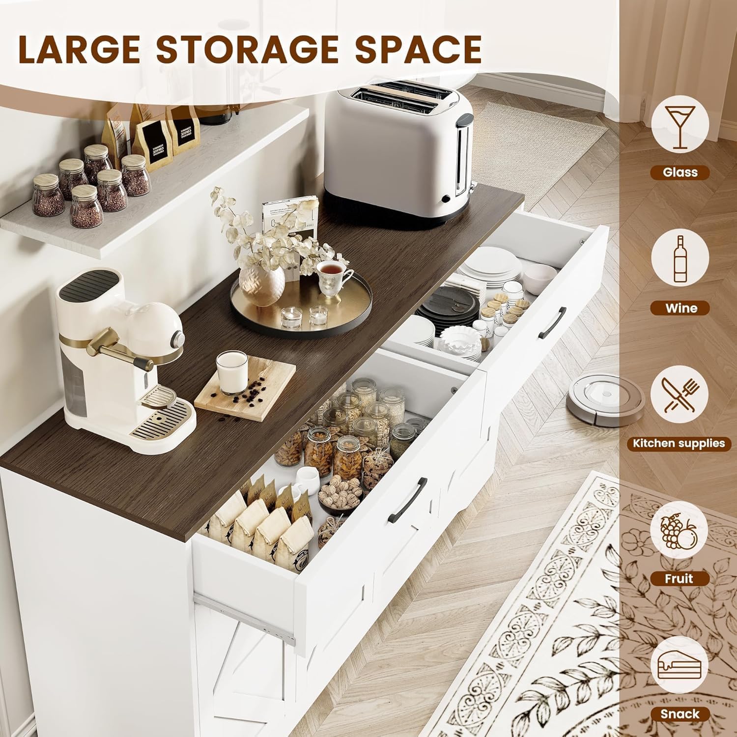 Sideboard Buffet Cabinet With Storage, 55.1" Large Kitchen Storage Sideboard With Drawers & Doors, Modern Wood Farmhouse Coffee Bar Cabinet, Buffet Table For Kitchen, Living Room, White, 55.1Inch