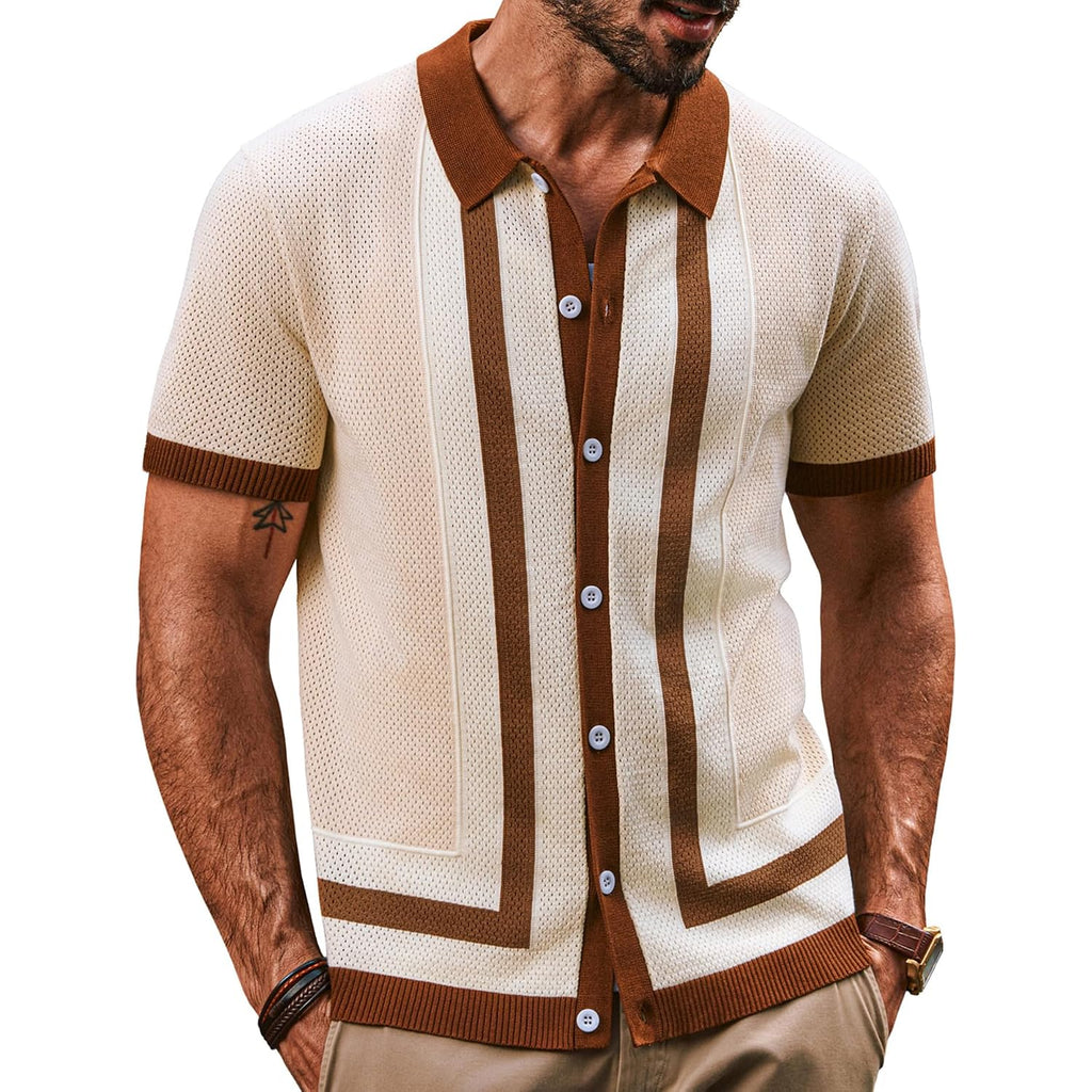 Pj Paul Jones Mens Polo Shirts Vintage Striped Button Down Knitted Golf Shirts