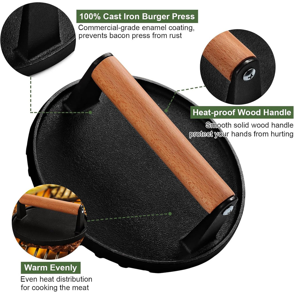 Ewfen Burger Press, 7" Round Heavy-Duty Cast Iron Smash Bacon Press Meat Steak With Wood Handle For Griddle, Sandwich, Nonstick Pan