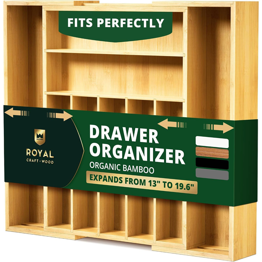 Royal Craft Wood Luxury Bamboo Kitchen Drawer Organizer - Silverware Organizer, Utensil Holder & Cutlery Tray Drawer Dividers For Flatware (9 Slot, Natural)