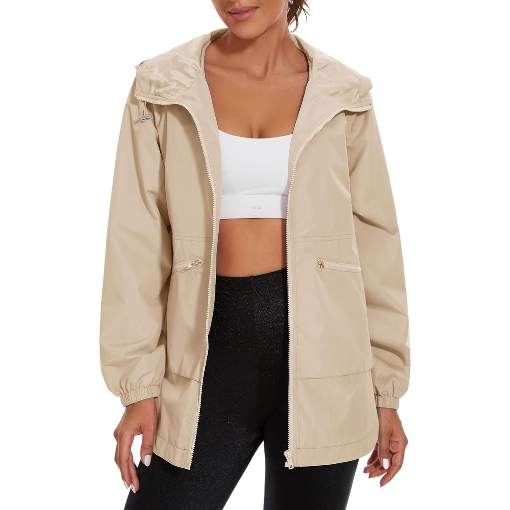 Womens Waterproof Raincoat Lightweight Rain Jacket Trench Coat Hooded Windbreaker With Pockets For Outdoor
