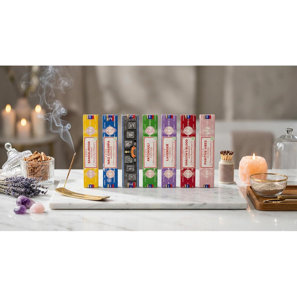 Satya Incense Gift Set Nag Champa, Super Hit, Dragon'S Blood, Sandalwood, Patchouli, Lavender, Positive Vibes, 15 G