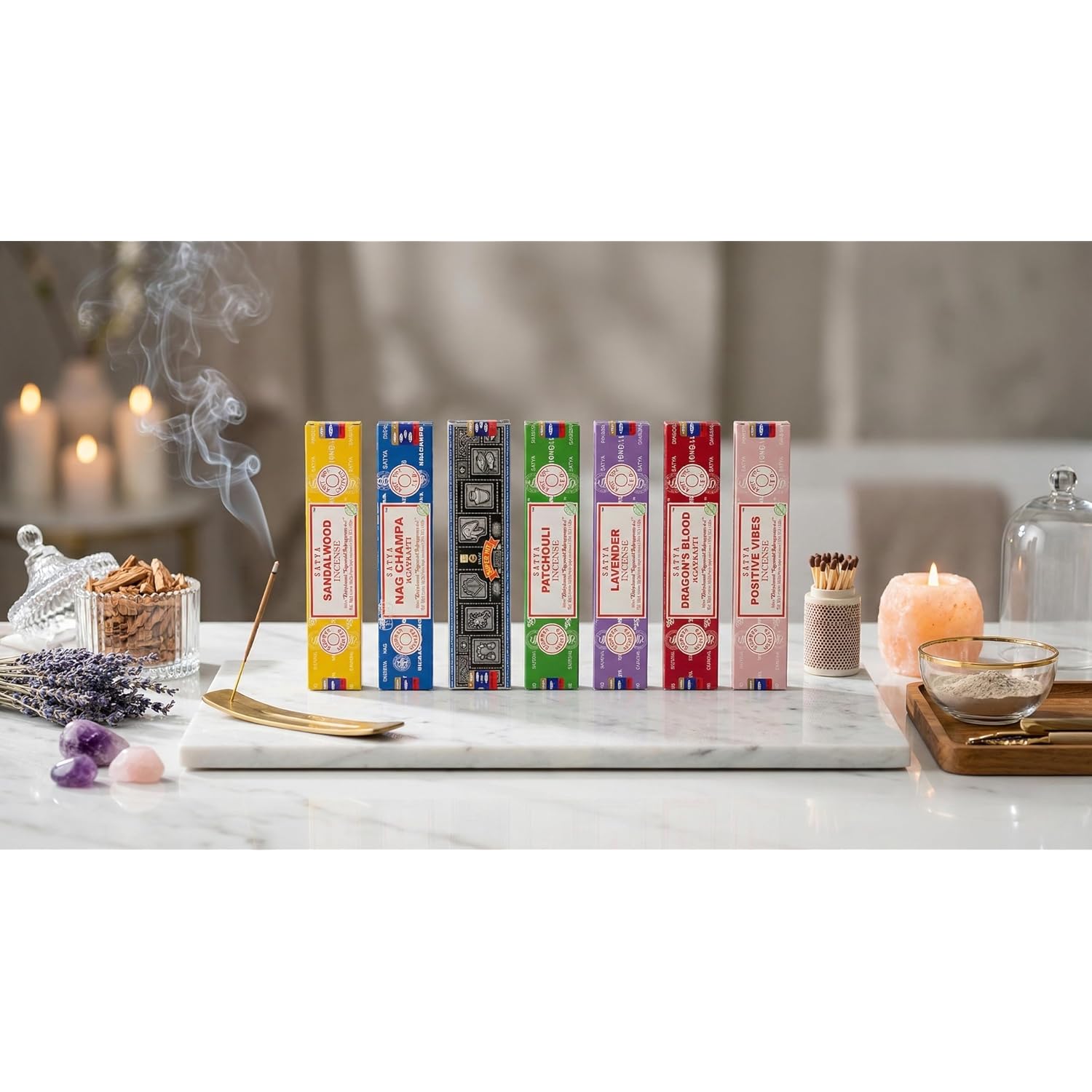 Satya Incense Gift Set Nag Champa, Super Hit, Dragon'S Blood, Sandalwood, Patchouli, Lavender, Positive Vibes, 15 G