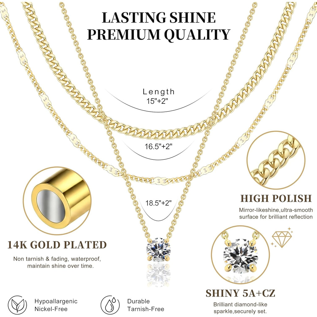WomenGifts Layered Gold Necklaces for Women, 14K Gold Sterling Silver Plated Dainty Pendant Necklace Set Non Tarnish, Chunky Stackable Cuban Chain Choker, Trendy Personalized Birthstone Jewelry Gift for Mom