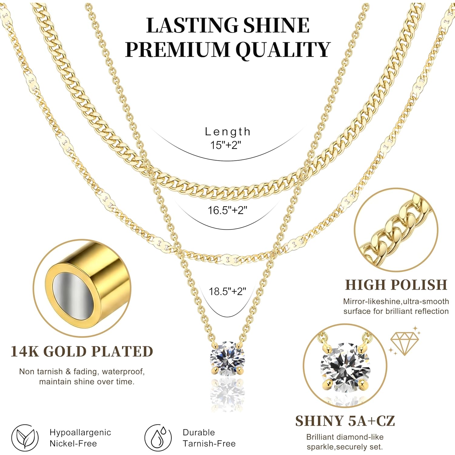 WomenGifts Layered Gold Necklaces for Women, 14K Gold Sterling Silver Plated Dainty Pendant Necklace Set Non Tarnish, Chunky Stackable Cuban Chain Choker, Trendy Personalized Birthstone Jewelry Gift for Mom