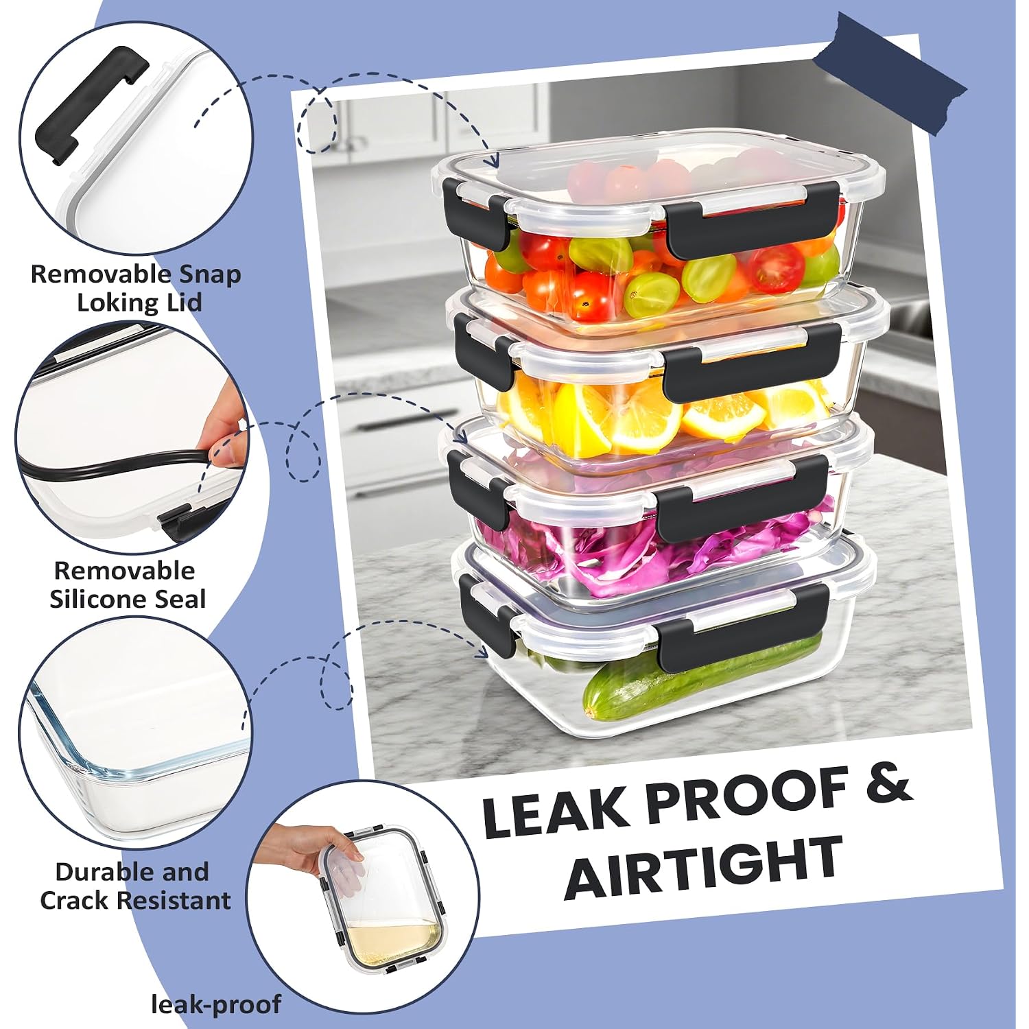 Hotec 35Oz Glass Food Storage Container, Airtight Glass Lunch Fruit Containers With Lids - Microwave, Oven, Freezer And Dishwasher Safe, 4-Pack