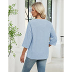 Akewei Womens 3/4 Sleeve Cotton Linen V Neck Lace Tops Casual Loose Fit Summer Fall Boho Fashion Tunic