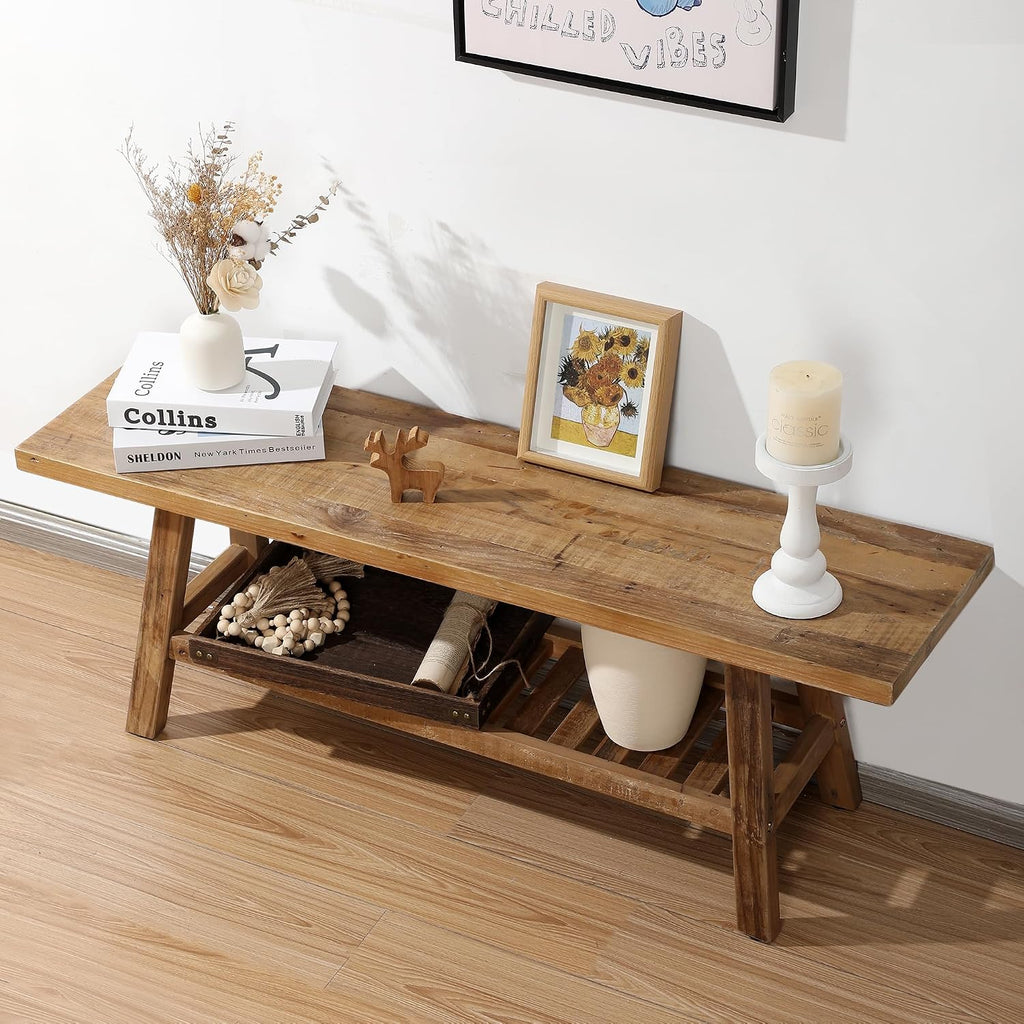 Reclaimed Solid Wood Bench-43.3" Farmhouse Entryway Bench With Storage Shelf, Narrow Rustic Bench For Hallway, Kitchen, Bedroom, Dining