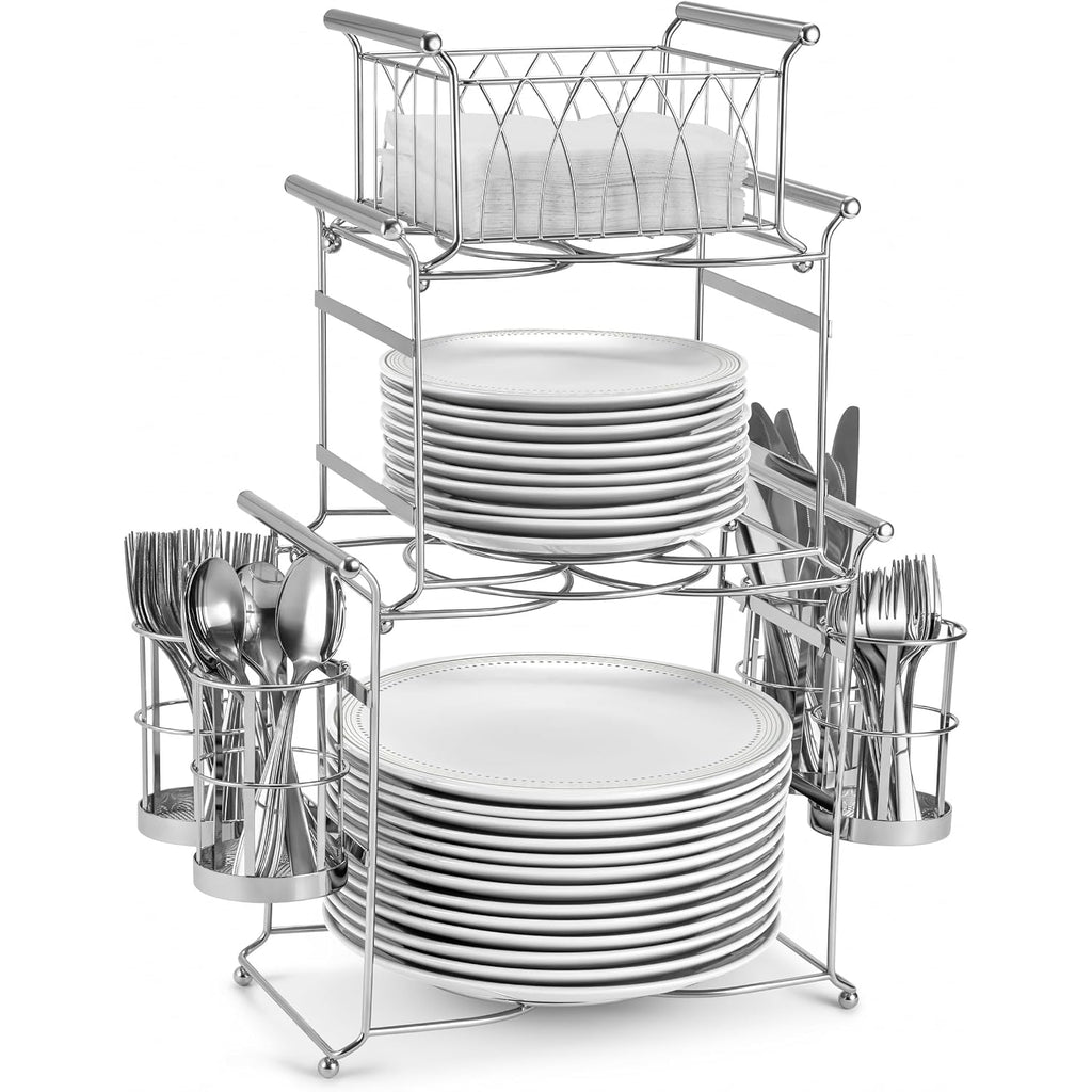 Sorbus Buffet Caddy — 7-Piece Stackable Set Includes Plate, Napkin, And Silverware Holder, 3-Tier Detachable Tabletop Organizer Ideal For Kitchen, Dining, Entertaining, Parties, Thanksgiving (Silver)