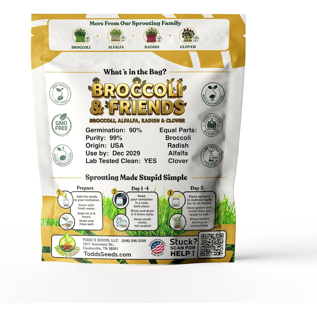 Todd'S Seeds Broccoli & Friends Mix 1/4 Lb - Broccoli Alfalfa Radish Clover | Broccoli, Clover, Radish & Alfalfa. Fast-Growing Microgreens In 5 Days. Chemical Free, High Germination. Usa Made Since 2009.
