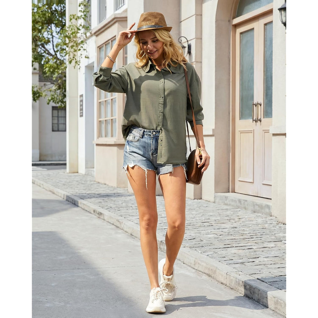 Jekaoyi Womens Button Down Shirts Cotton Casual Long Sleeve Gauze Tops Collared Loose Fit Womens Blouses