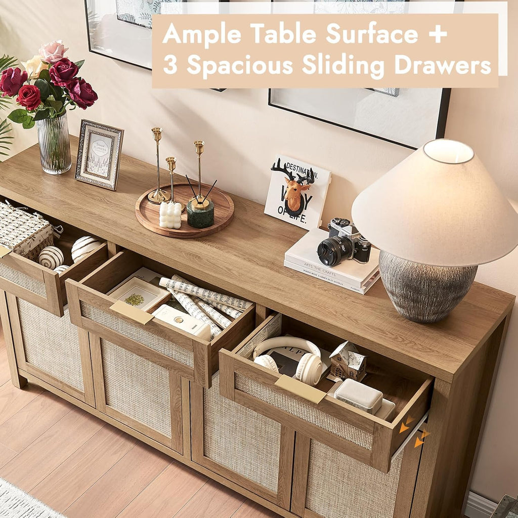 63" Rattan Sideboard Buffet Cabinet, Boho Storage Cabinet With Adjustable Shelves, Farmhouse Credenza Coffee Bar Cabinets With 4 Doors & 3 Drawers For Living Room, Hallway & Kitchen