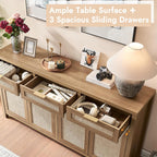 63" Rattan Sideboard Buffet Cabinet, Boho Storage Cabinet With Adjustable Shelves, Farmhouse Credenza Coffee Bar Cabinets With 4 Doors & 3 Drawers For Living Room, Hallway & Kitchen