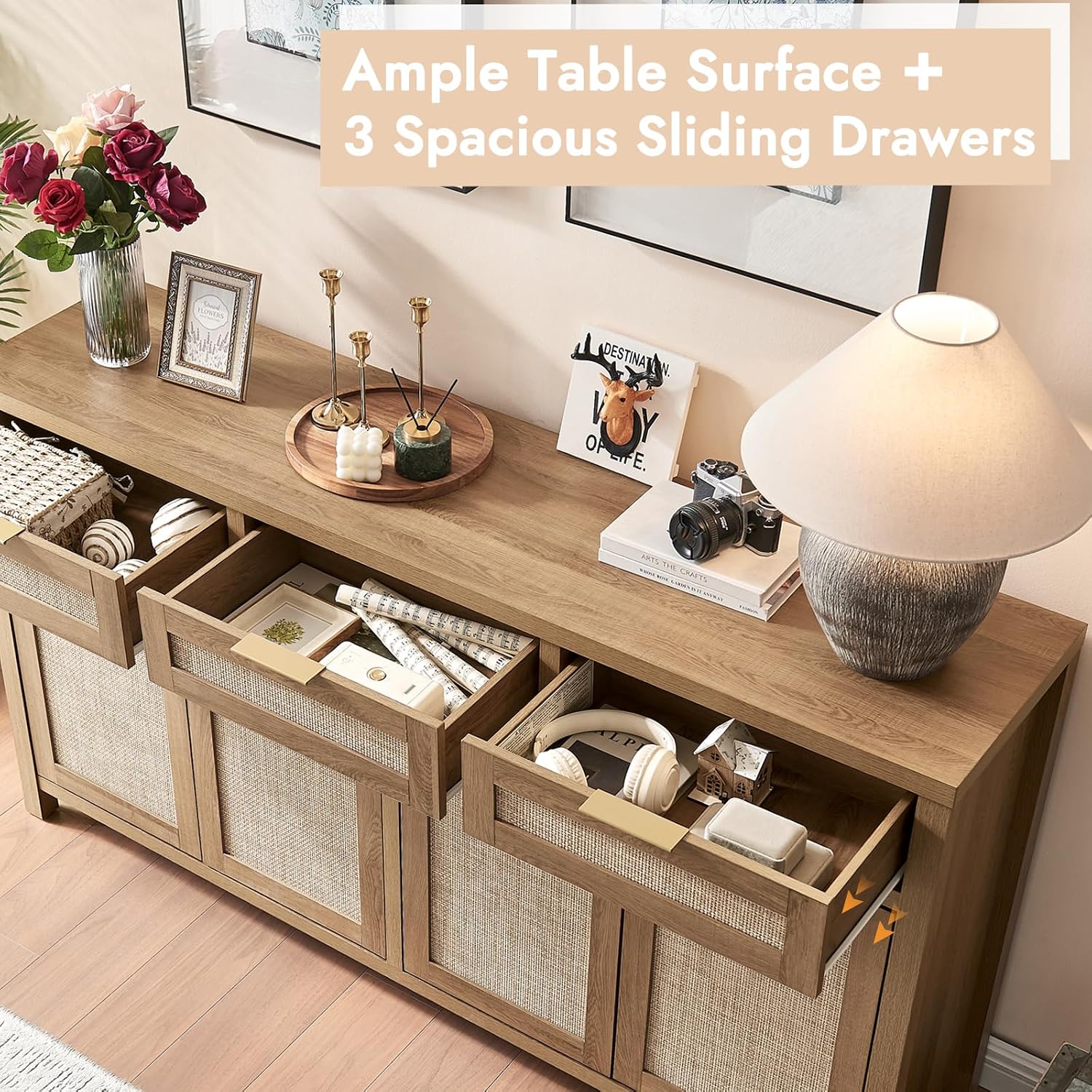 63" Rattan Sideboard Buffet Cabinet, Boho Storage Cabinet With Adjustable Shelves, Farmhouse Credenza Coffee Bar Cabinets With 4 Doors & 3 Drawers For Living Room, Hallway & Kitchen