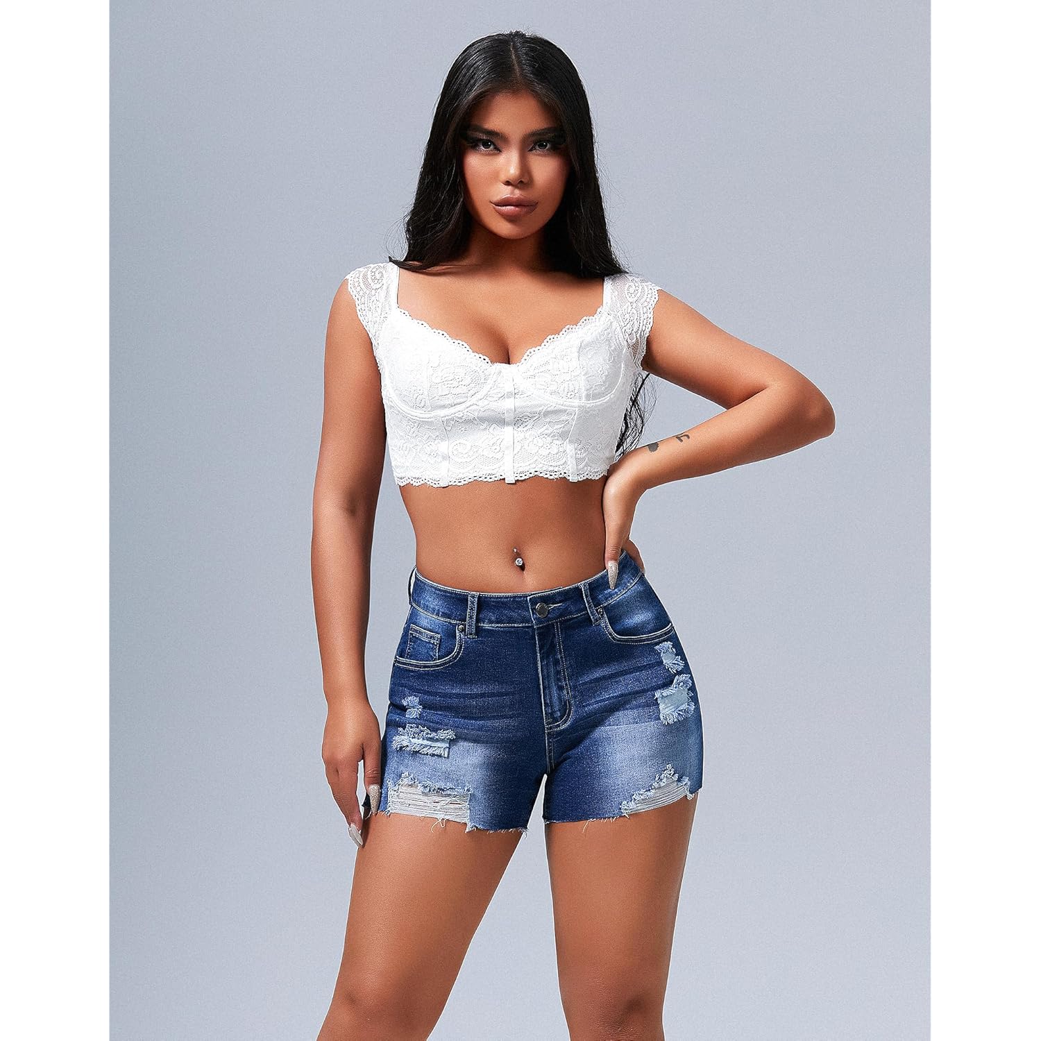 Women's Mid Rise Ripped Stretchy Cut Off Denim Jean Shorts