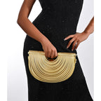 Half-Moon Clutch Purse For Women Wedding Woven Evening Shoulder Bag Top Handle Gold Party Prom Handbag