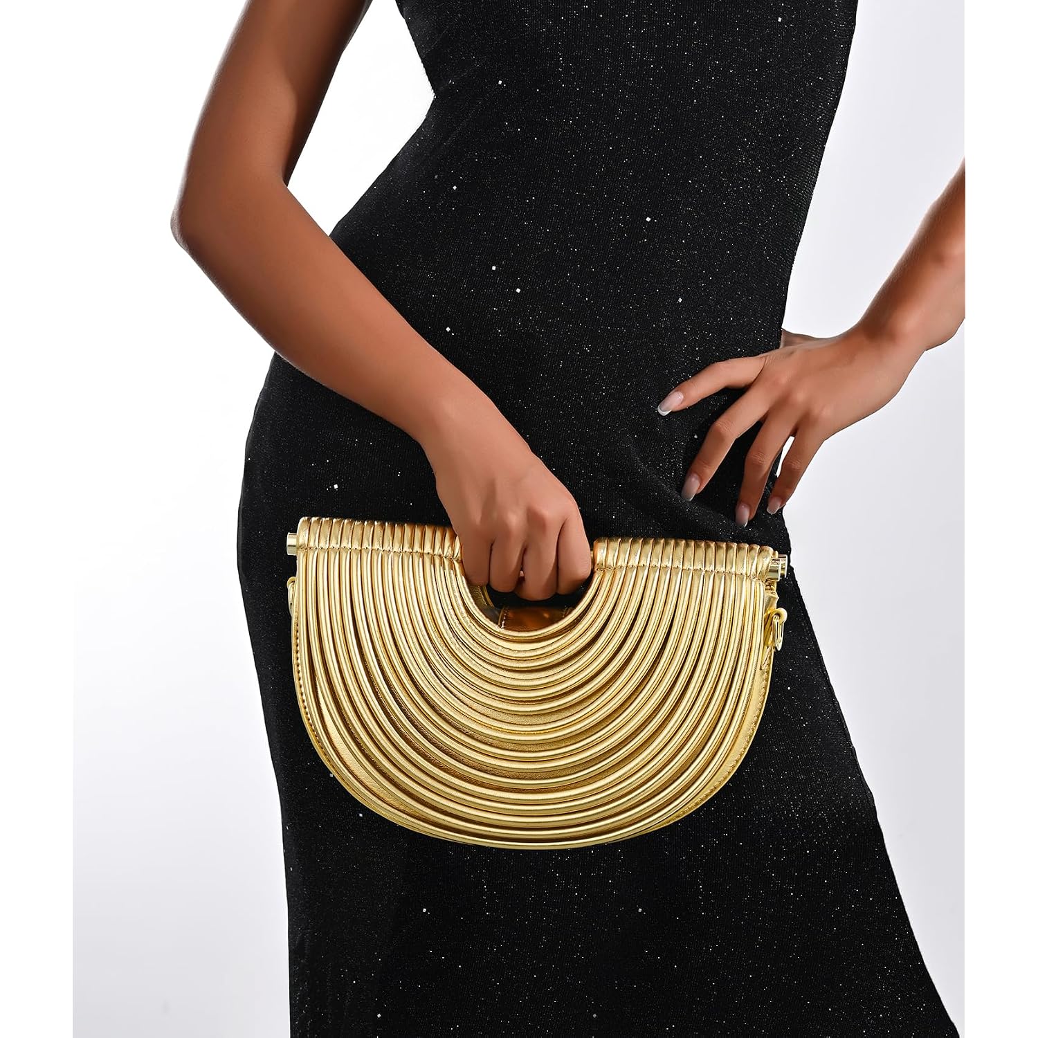 Half-Moon Clutch Purse For Women Wedding Woven Evening Shoulder Bag Top Handle Gold Party Prom Handbag