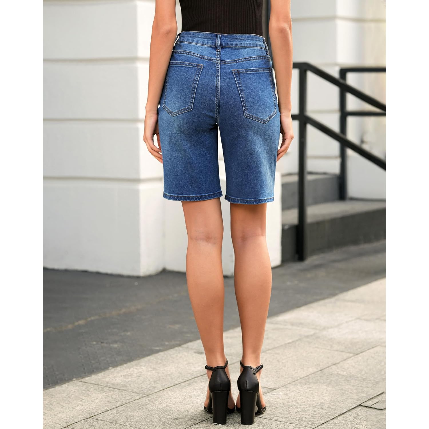 Bermuda Shorts for Women High Waisted Classic Casual Long Jean Shorts Stretchy Denim Jorts with Pockets