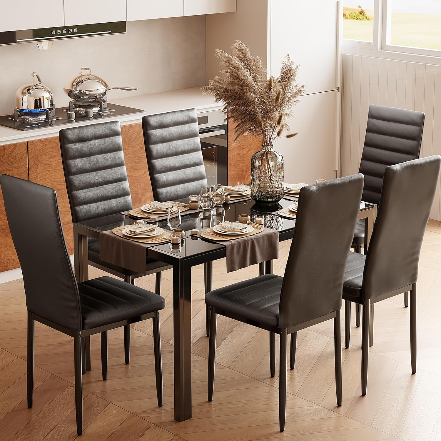 Bealife Kitchen Dining Table Set For 6, Tempered Glass 7 Piece - Black | Pu Leather Modern Dining Room Furniture, Space Saving Table And Chairs Set For Home, Kitchen, Living Room, Dining Room
