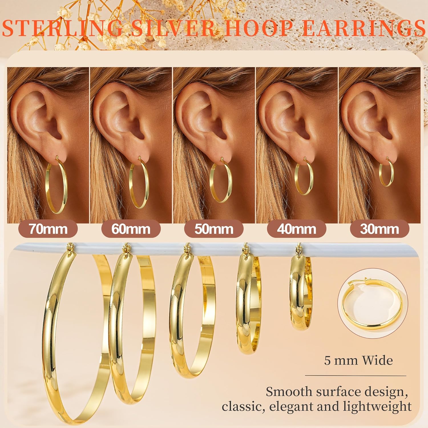 Apsvo Hoop Earrings for Women, 5mm Wide 14K Gold Plated/Silver Hoop Earring Hypoallergenic 925 Sterling Silver Earrings Lightweight Large Earrings for Women