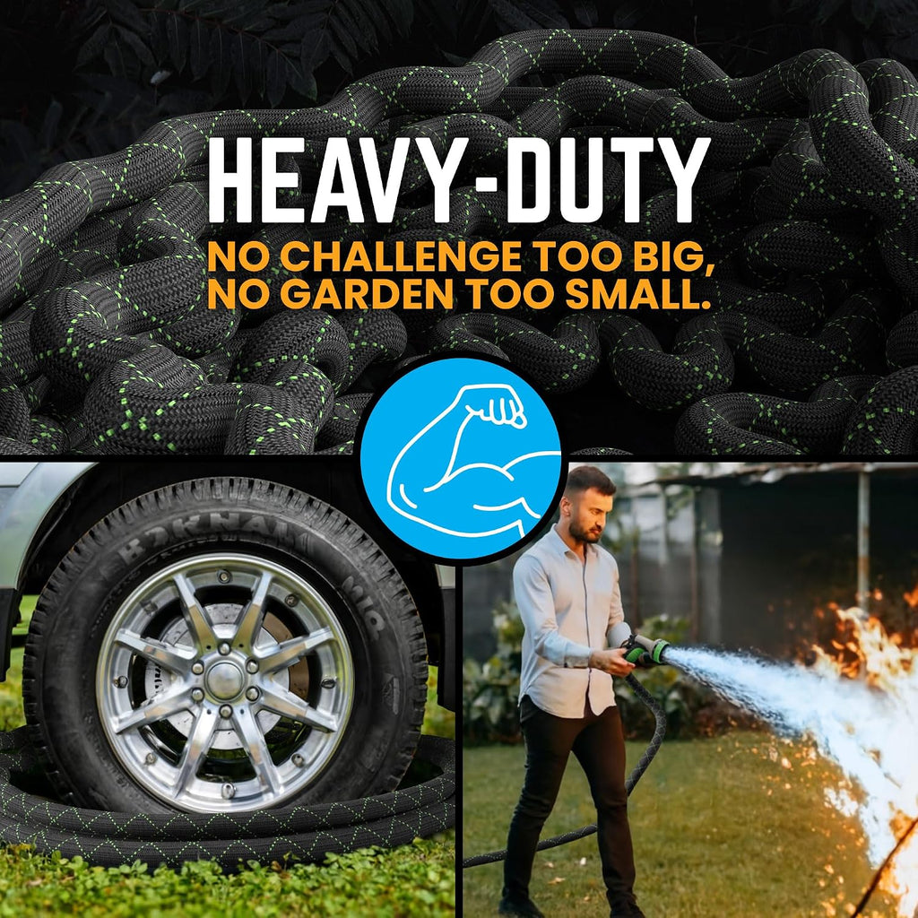 Garden Hose, Non-Expandable 25 Feet Premium Quality Stainless Steel Metal Water Hose With Durable Fabric Skin, Hose For Commercial, Residential Use, Bonus 10-Way Spray Nozzle (25 Ft, Black)