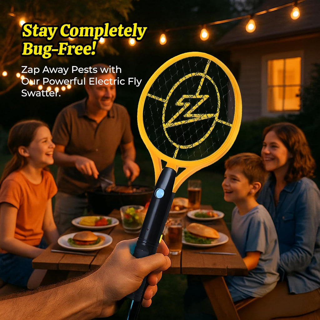 Zap It! Rechargeable Electric Fly Swatter Racket - 4,000-Volt Mosquito Zapper With Usb Charging Cable And Super-Bright Led Light -Large- Safe 3-Layer Mesh, Yellow, Bug Zapper For Indoors And Outdoors
