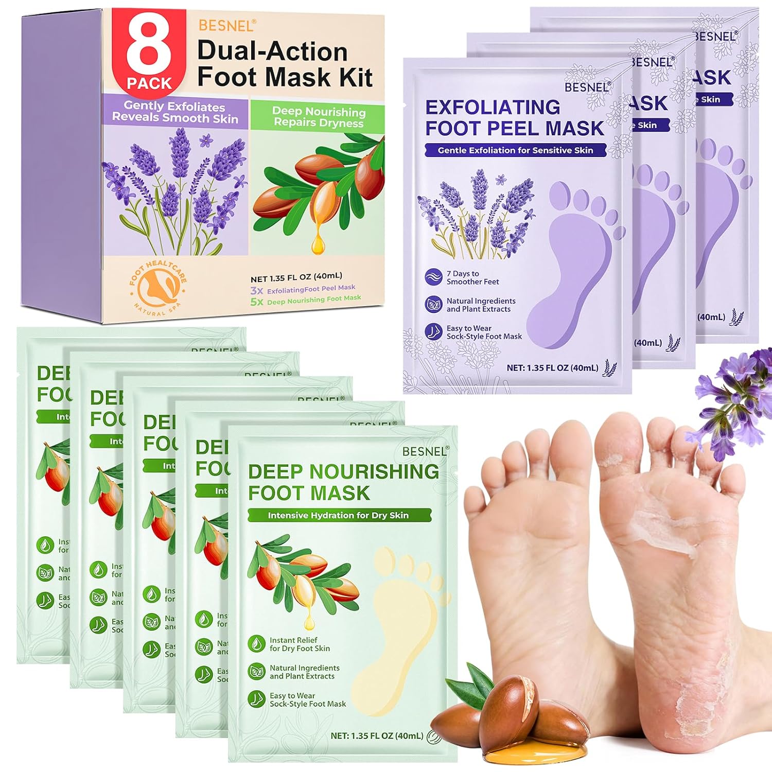 Foot Peeling 3Pcs ＆ 5Pcs Moisturizing Foot Mask, Exfoliator Peel Calluses Dead Skin Callus Remover, Hydrating Foot Masks for Dry Cracked Feet, Repair Rough Heels＆Dry Skin for Baby Soft and Smooth Feet
