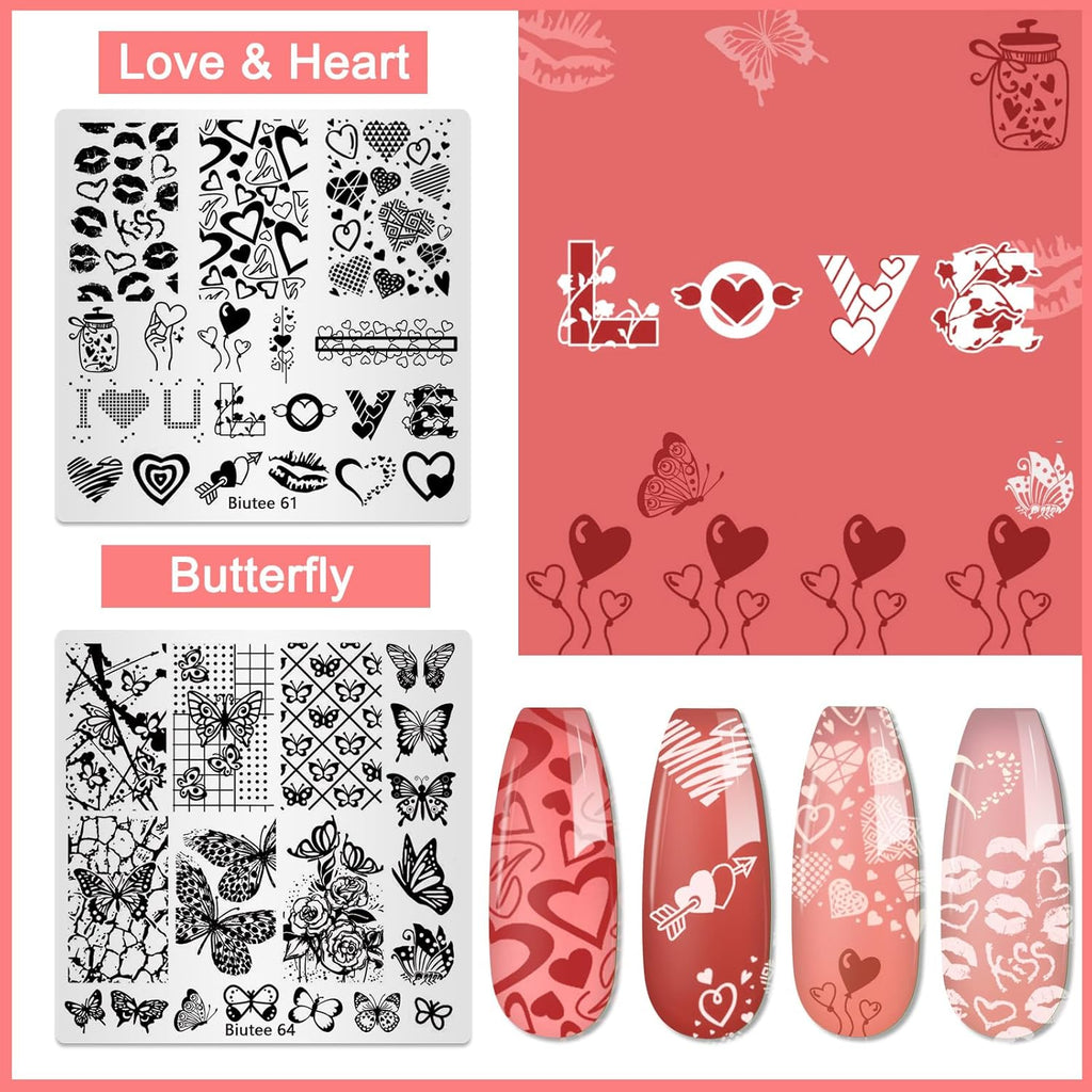 Biutee Nail Stamping Plates Set 15PCS Nail Stamping Kit with Nail Art Stamper & Scraper Nail Stamp Template Kit Lace Flower Butterfly Animal Pattern Nail Art Stencils for Manicure Salon Home DIY
