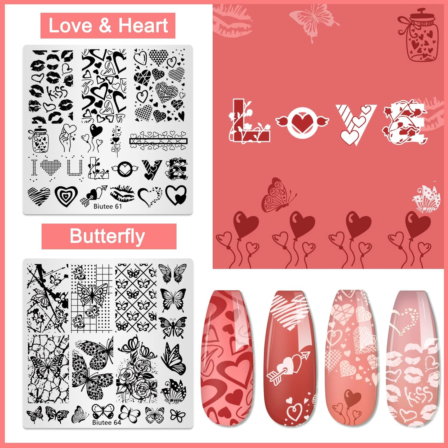 Biutee Nail Stamping Plates Set 15PCS Nail Stamping Kit with Nail Art Stamper & Scraper Nail Stamp Template Kit Lace Flower Butterfly Animal Pattern Nail Art Stencils for Manicure Salon Home DIY