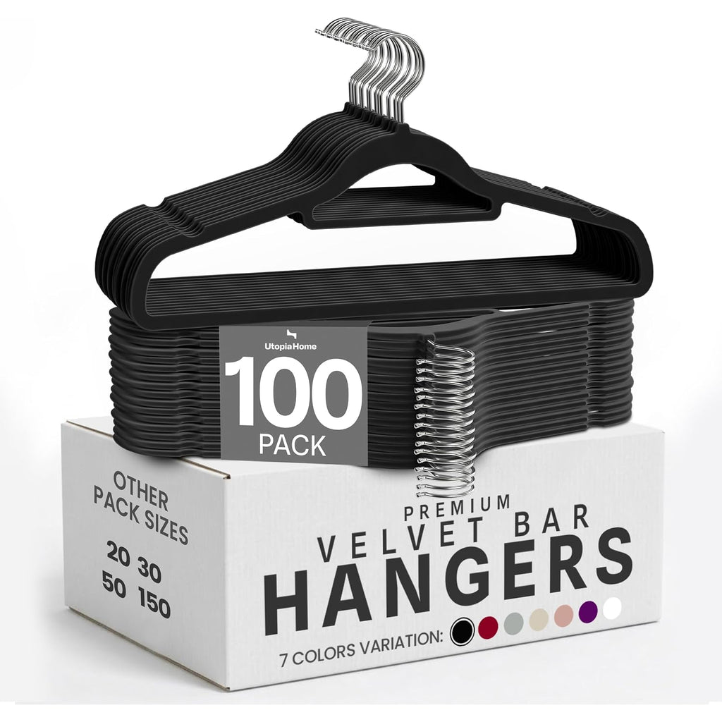 Utopia Home Velvet Hangers 100 Pack – Premium Hangers With Tie Bar - Black | Non-Slip Slim Clothes & Coat Hangers With Tie Bar, Space-Saving Heavy Duty Design, 360° Swivel Hook