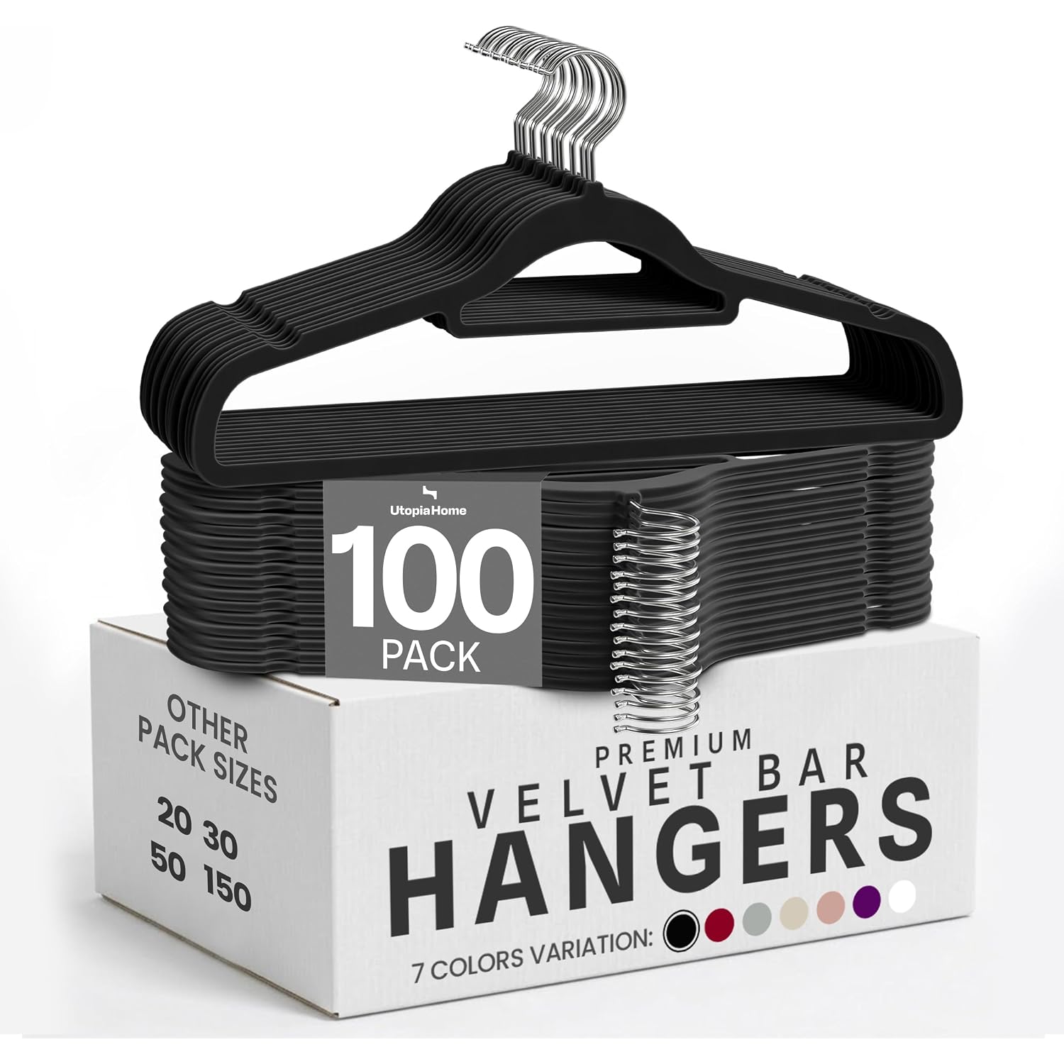 Utopia Home Velvet Hangers 100 Pack – Premium Hangers With Tie Bar - Black | Non-Slip Slim Clothes & Coat Hangers With Tie Bar, Space-Saving Heavy Duty Design, 360° Swivel Hook
