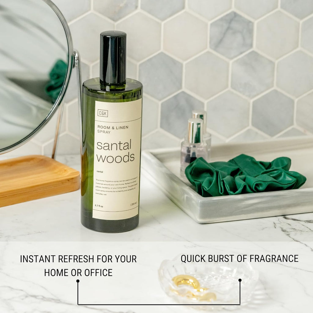 Craft & Kin Premium Santal Woods Room Spray – Long-Lasting Air Freshener For Home – Natural Essential Oil Linen & Pillow Spray – Odor Eliminator Aroma Mist For Bedroom & Washroom – 6.76 Oz