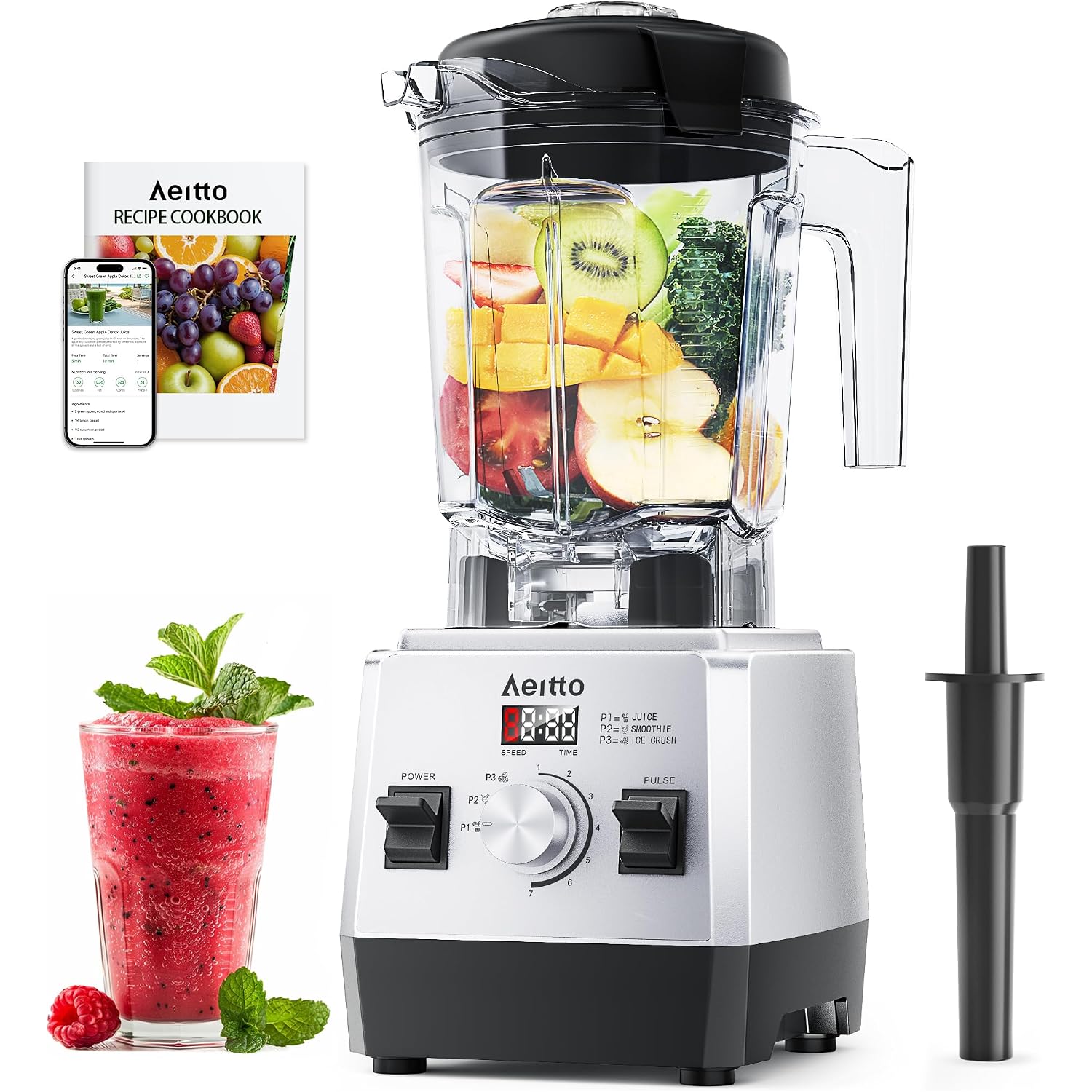 Aeitto Blenders For Kitchen With 68Oz. Jar, 1800W Max Power Smoothie Blender, 3 Preset Programs & 7 Speeds, Professional Countertop Blender For Smoothies, Ice Crush, Frozen Drinks, Silver