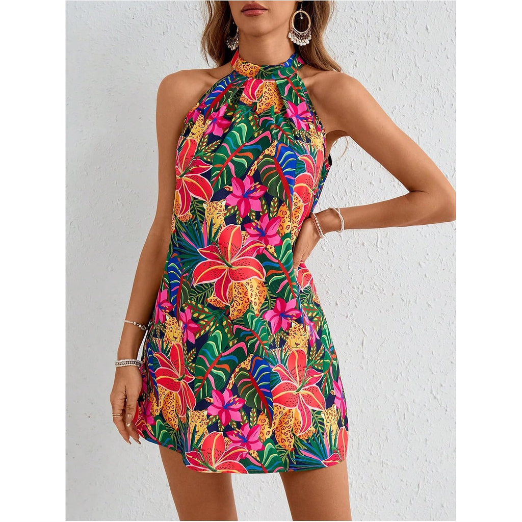 Floerns Women'S Sleeveless Floral Print Sundress Halter Neck A Line Short Dress