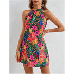 Floerns Women'S Sleeveless Floral Print Sundress Halter Neck A Line Short Dress