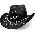 DRESHOW Straw Cowboy Cowgirl Hat for Women Men Western Coastal Cowboy Beach Hat with Shapeable Brim Unisex Rolled up Caps 1 Pack Hollowed Pattern: Black
