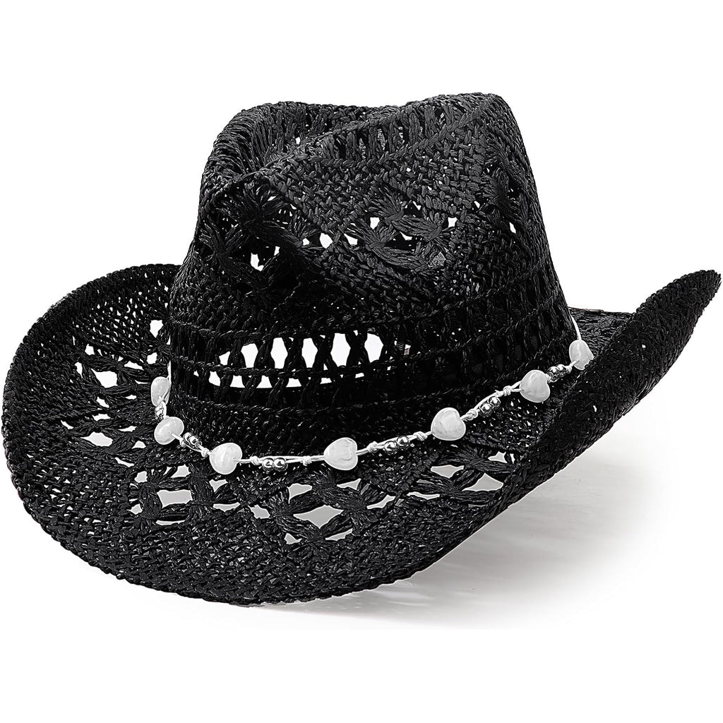 DRESHOW Straw Cowboy Cowgirl Hat for Women Men Western Coastal Cowboy Beach Hat with Shapeable Brim Unisex Rolled up Caps 1 Pack Hollowed Pattern: Black