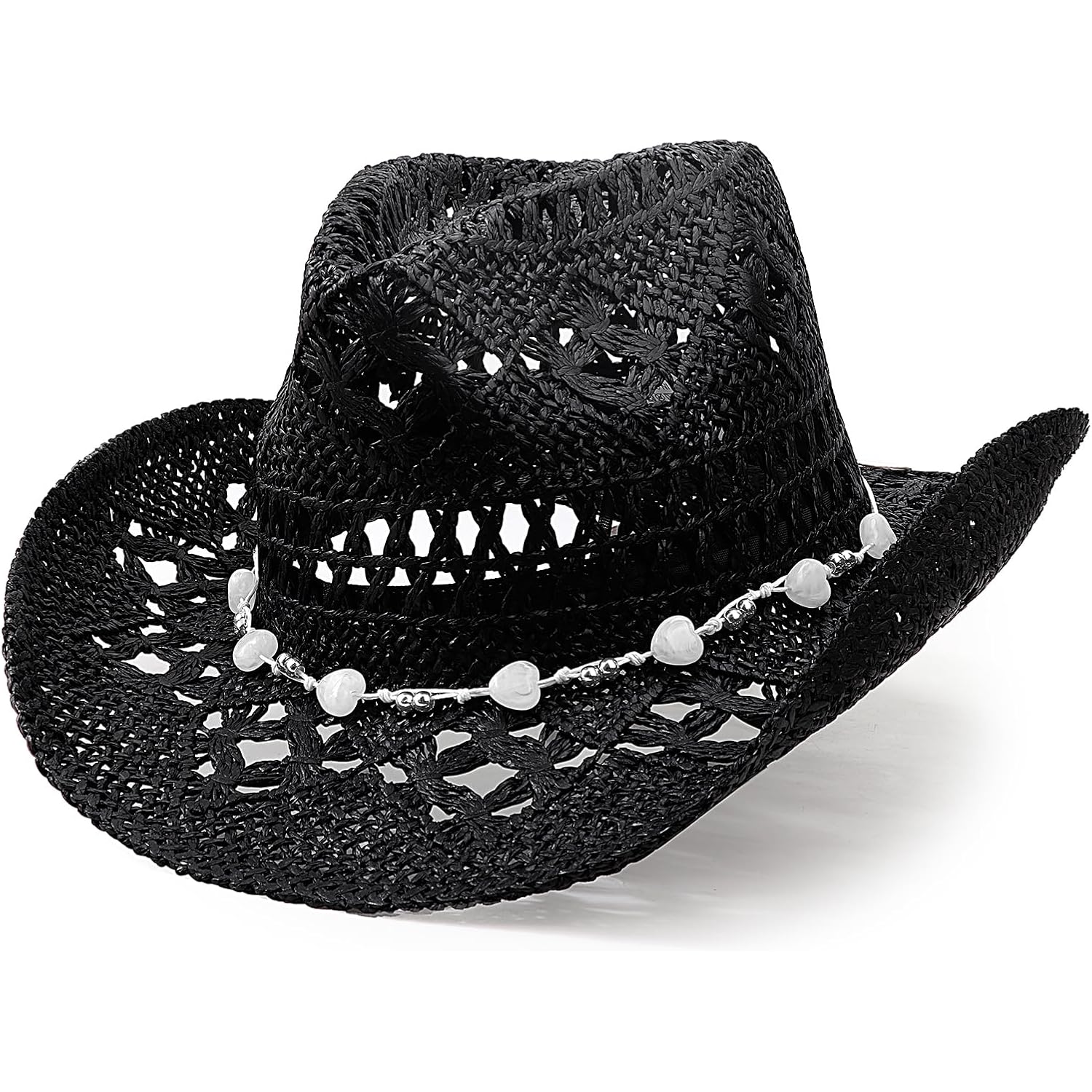DRESHOW Straw Cowboy Cowgirl Hat for Women Men Western Coastal Cowboy Beach Hat with Shapeable Brim Unisex Rolled up Caps 1 Pack Hollowed Pattern: Black