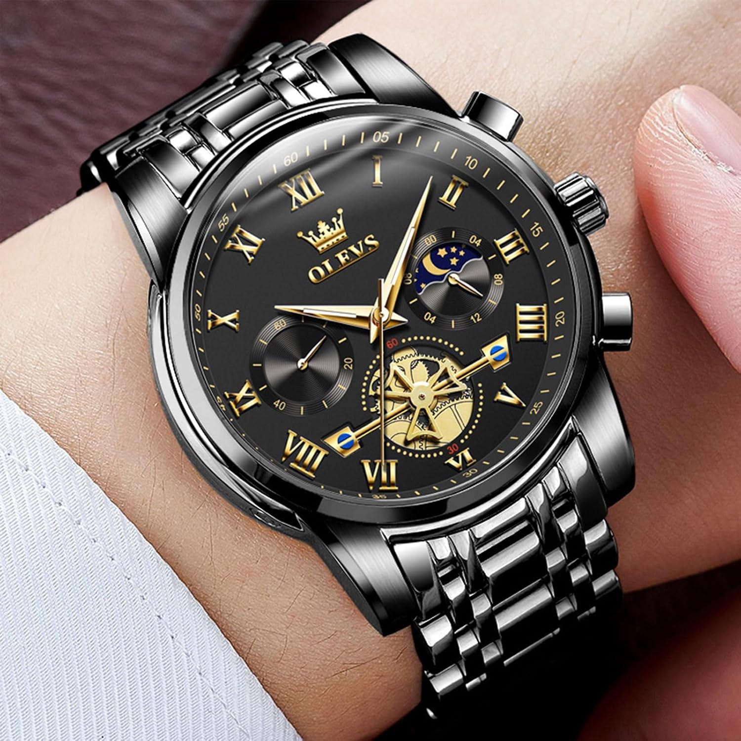 Olevs Watches Men Waterproof Luxury Big Face Mens Watch Stainless Steel Quartz Analog Dress Watches For Men Luminous Multifunction Man Watch Relojes De Hombre