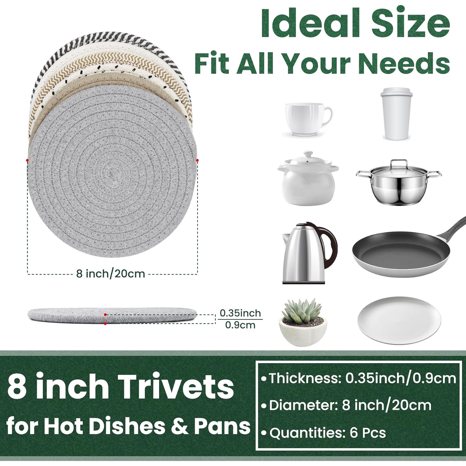 8 Inch Trivets for Hot Dishes, Hot Pots and Pans, Thick Heat Resistant Large Coaster for Kitchen, Hot Pads, Kitchen Essentials, Kitchen Decor for Table & Countertop, 6 Pcs