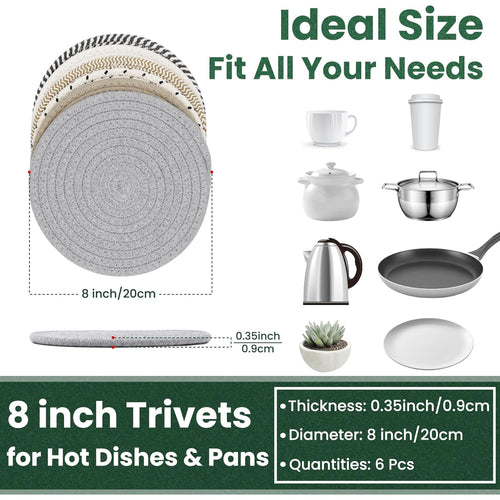 8 Inch Trivets for Hot Dishes, Hot Pots and Pans, Thick Heat Resistant Large Coaster for Kitchen, Hot Pads, Kitchen Essentials, Kitchen Decor for Table & Countertop, 6 Pcs