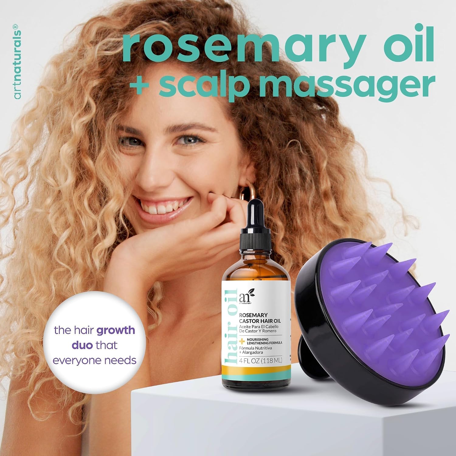 Artnaturals Organic Rosemary Castor Hair Growth Tonic Oil + Massager Hair Regrowth Set, 4 Oz With Coconut & Olive Oil, Scalp Treatment For Dry, Damaged & Split Ends